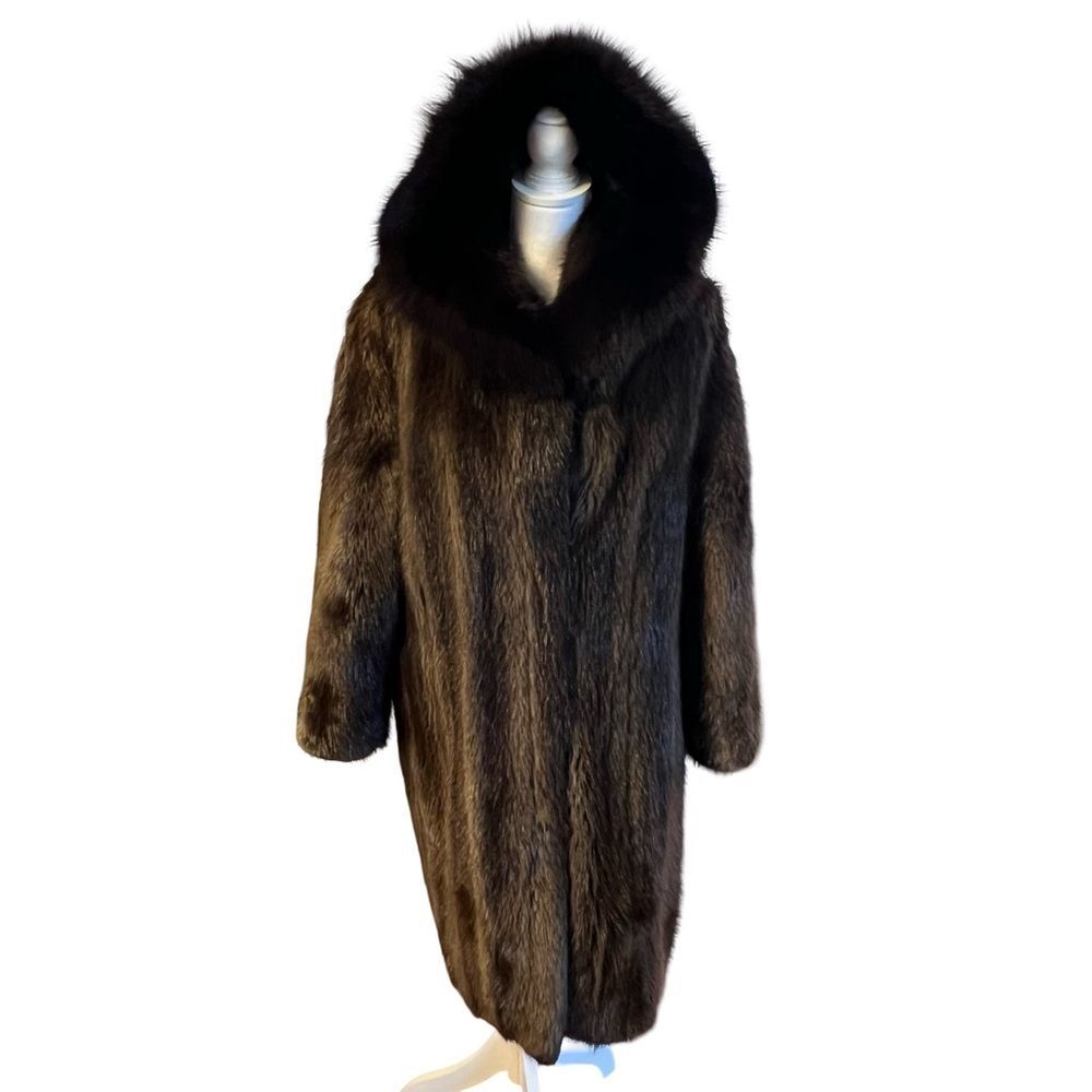 Uptone Beaver Fur 7/8 Parka Jacket Size M Brown Fox Trimmed Hood Womens Genuine